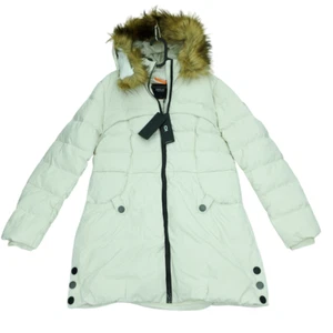 Orolay Light Down Jacket Womens Large Beige Cream Duck Full Zip Fur Trim Hooded - Picture 1 of 18
