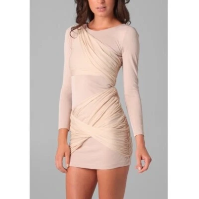 Mini Vestido Alice + Olivia NUEVO CON ETIQUETAS $330 Manga Larga Diosa Seda Envolvente Desnudo Talla 10 Foto 1 de 4