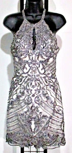 Alyce Paris Prom Cocktail Party Evening Mini Dress Sz 2 Silver Beaded Open Back - Picture 1 of 16