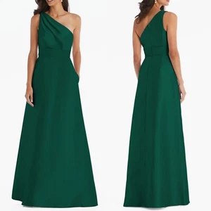 NEW D815S ALFRED SUNG Hunter Green ONE SHOULDER A-line POCKET Bridesmaid GOWN 14 - Picture 1 of 8