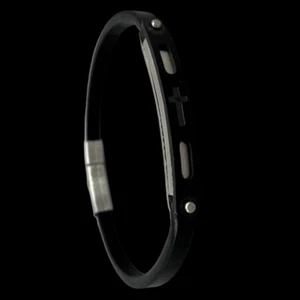 Bracciale da uomo elegante in cuoio nero e acciaio inossidabile piastra e croce. - Foto 1 di 11