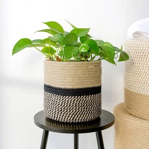 Jute Rope Plant Basket 8x8 Inch Rustic Indoor Storage Organizer Black Stripes - Picture 1 of 7