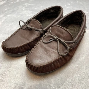 Guide Gear Deerskin Moccasin Slippers Mens 11 Brown Leather Faux Fur Lined Shoes - Picture 1 of 9