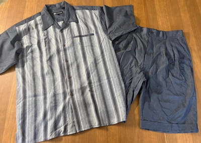 Conjunto de camisa y pantalones cortos Montique para hombre con botones gris azul bolsillo frontal Foto 1 de 4