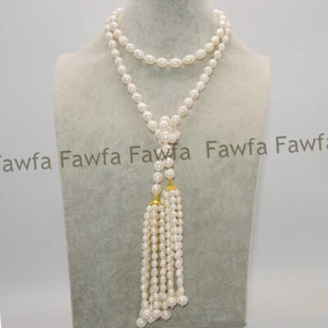 Natural 9-10mm White Freshwater Cultured Rice Pearl Tassel Pendant Necklace 50'' - Picture 1 of 4
