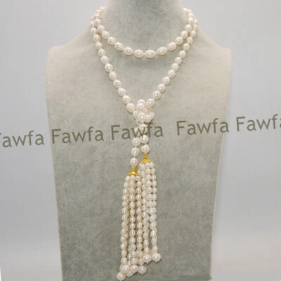 Natural 9-10mm White Freshwater Cultured Rice Pearl Tassel Pendant Necklace 50'' - Image 1 of 4