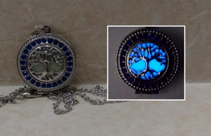 TREE OF LIFE GLOW in the DARK Blue Crystal Photo Locket Pendant Charm Necklace - Picture 1 of 3