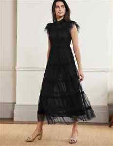 Boden Edie Tulle Ruffle Tiered Midi Dress Women's Sz US 20/22 Black Polka Dot