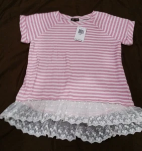 Max Riley Girls Striped Short Sleeve Floral Lace Fringe T-Shirt Size 14 (L) NWT - Picture 1 of 3
