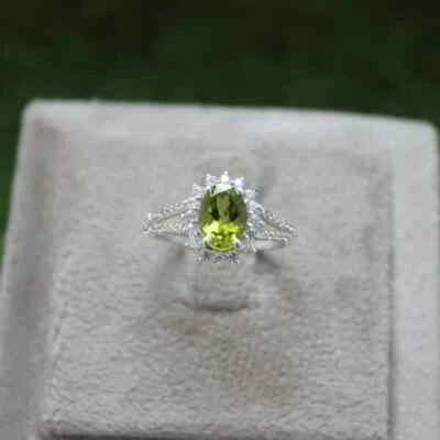 2 Ct Oval Cut Peridot Lab-Created Women's Split Shank Ring 14K White Gold Plated - Image 1 of 4