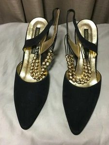 Sz 7.5 M Larry Stuart Collection Black Fabric Slingback With Gold Tone & Rhinest - Picture 1 of 8