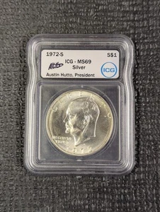 1972-S MS 69 Eisenhower Dollar Silver ICG AUSTIN HUTTO SIGNED NEW White Label - Picture 1 of 4