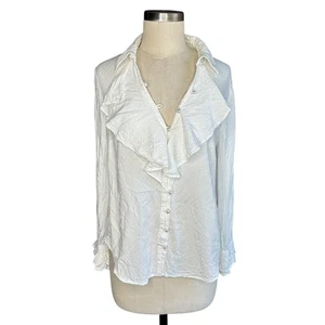 ANTHROPOLOGIE White Ruffled Button Down Blouse Pearl Women's Size Medium Boho - Picture 1 of 7