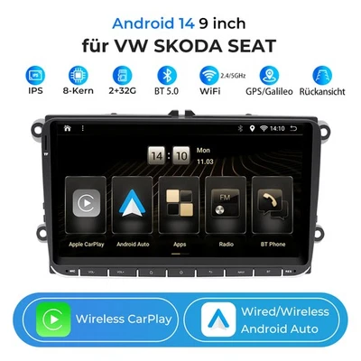 für VW SKODA SEAT 9" Autoradio CarPlay GPS Radio Sat Nav WiFi +BT 8 Kern 2+32G - Bild 1 von 4