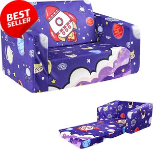 Convertible Kids Sofa Bed Purple Toddler Couch with Side Pocket Playroom Chair - Picture 1 of 12