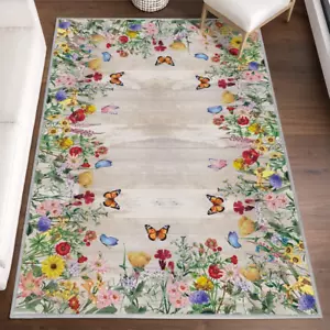 Wood Flowers Butterfly Spring Area Rug, Summer Home Decor Low-Profile Washable A - Picture 1 of 12