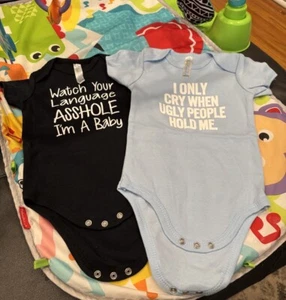 NWOT Set Of 2 Funny Bodysuit Romper Baby 1-Size 6 Months & 1-Size 12 Months - Picture 1 of 6