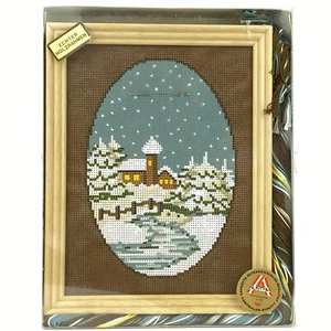 Vintage Cross Stitch Kit Hand Printed Pattern Tapex Austria Winter Scene Frame - Picture 1 of 9