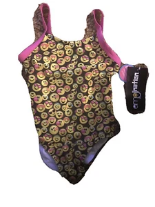 Emojination Emoji smiling faces Girls 1 Piece Swimsuit 4/5 Black/Pink/yellow - Picture 1 of 2