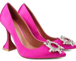 Décolleté donna rosa caldo raso strass abbellimento tacco triangolo punta 5 - Foto 1 di 4