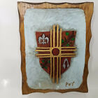 Coat of Arms Christian Modernistic Cross  Hand Carved Hand Painted Wood 7 x 9 in