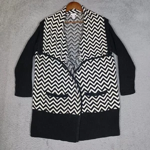 Chico's Cardigan Women's 3 Black White Herringbone Ribbed Shawl Collar Sweater - Picture 1 of 14