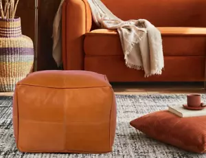 Leather Foot Stool Ottoman, Handmade Pouf, Moroccan Pouffe, Unique Home Decor - Picture 1 of 5