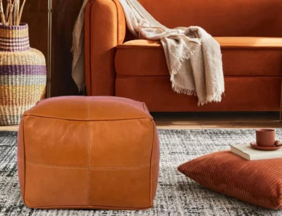 Leather Foot Stool Ottoman, Handmade Pouf, Moroccan Pouffe, Unique Home Decor - Image 1 of 4