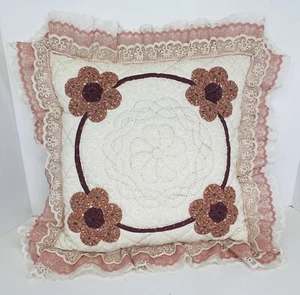 Vtg Handmade Hand Stitched Throw Pillow Quilted Yoyo? Lace Cream Pale-Pink 14X14 - Picture 1 of 6