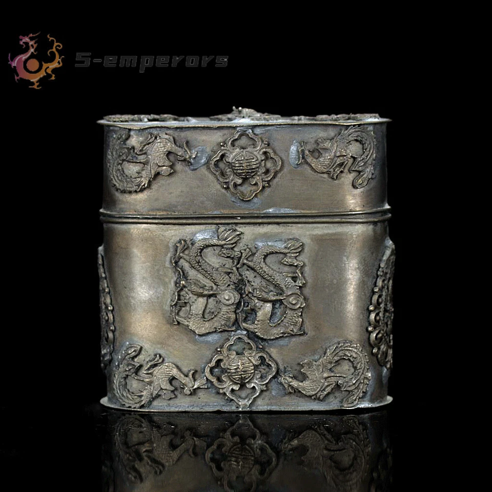 Caixa padrão dragão chinesa antiga prata tibetana feita à mão - Imagem 1 de 4