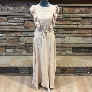 Christy Dawn Jessa Maxikleid mit Rüschen Haferstreifen hellbraun - Bild 1 von 9