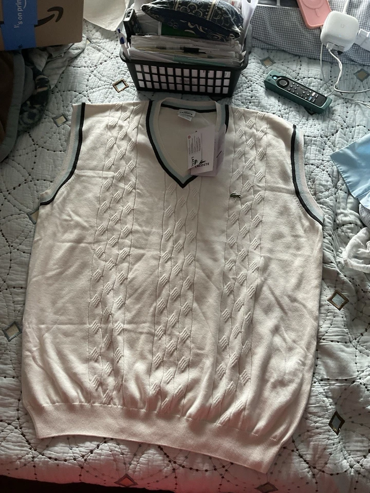 Chaleco Lacoste Hombre Blanco Con Borde Azul Talla XL Nuevo Clásico Foto 1 de 4