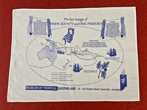 Vintage Museum Tea Towel w HMAV Bounty HMS Pandora Ship Voyages Kitchen Dish Art - Picture 1 of 21