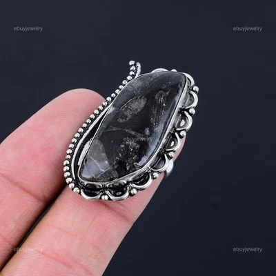 Anillo Promesa Piedra Coral Fósil Negro Plata Esterlina Venta Día de las Hijas EE. UU. 6.5 Foto 1 de 4