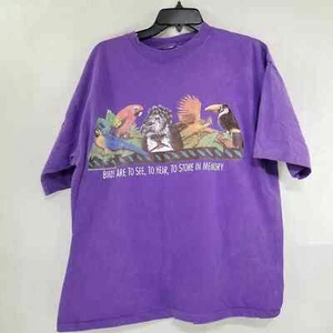 Vintage 90s World Wildlife Graphic T-Shirt Purple Birds Parrot Toucan - Picture 1 of 12