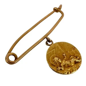 French Baby Medal Safety Pin 18K Yellow Gold Charm Pendant Brooch - Picture 1 of 14