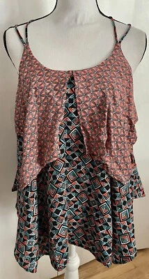 Babydoll coral y verde azulado con doble correa en capas sin mangas boho hippie verano Top L Foto 1 de 4