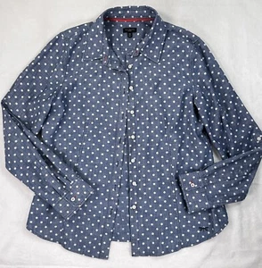 Talbots 10P 10 Petite Top Blue Chambray Polka Dot Button Up Shirt Long Sleeve - Picture 1 of 7