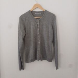 Essential Style Grey cardigan size L 100% Wool Fine Knit Button Up Size Uk 12 