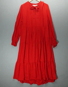 Maeve Anthropologie Dress Womens 1X Red Long Sleeve Tiered Maxi Bow Neckline - Picture 1 of 13