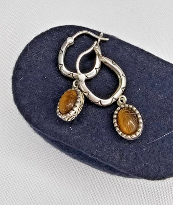 Ремесленник тигр глаз резной скарабей подвеской серьги из чистого серебра 925A - Изображение 1 из 4