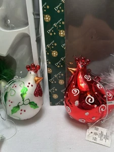 Vintage Dillard’s Trimmings Chicken Rooster Glass Christmas Ornament W/Feathers - Picture 1 of 12