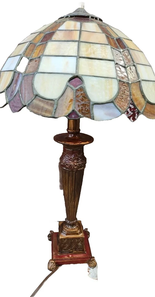 Tiffany Style Art Studio Heavy 28" Desk Table Lamp Shade Glass Hand Painted Vtg - Image 1 of 4