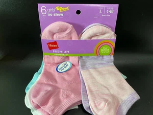 Hanes GIRLS 6 PK NO SHOW Premium Comfort EZ Sort Sock Matching Size L 4-10 NEW - Picture 1 of 9