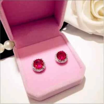 14K White Gold Plated 1.00Ct Round Lab Created Ruby Halo Stud Women's Earrings - Image 1 of 4