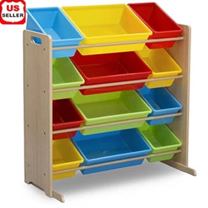 Kids Toy Storage Organizer W/ 12 Bins Wooden Frame Durable Playroom Solution New - Picture 1 of 6