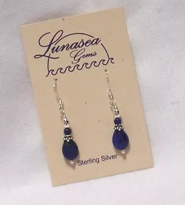 LUNASEA TREASURES LAPIS LAZULI GEMSTONE FLAT DROP BEAD STERLING SILVER EARRINGS - Picture 1 of 2