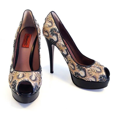 Bombas peep toe MISSONI zig zag marrom padrão multicolorido 37,5 excelente estado - Imagem 1 de 4