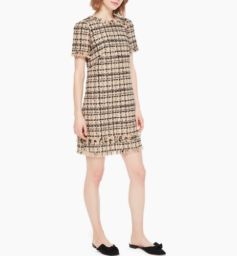 Abito in tweed con tubino scollo gioiello Kate Spade nuovo con etichette arachidi arrosto nero taglia 10