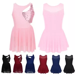 Girl Sequins Ballet Tutus Lyrical Dance Dress Asymmetrical Figure Skating Dress - Picture 1 of 56